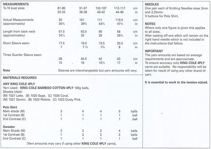 King Cole 4479 Knitting Pattern Ladies Polo Shirt and Sweater in Bamboo Cotton 4 ply - hanrattycraftsgifts.co.uk