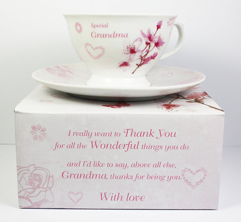 Vintage Lane Collection, Rose Fine Bone China Afternoon Tea Set 'Grandma With Love', From The Vintage Lane Collection By Jennifer Rose, Cup and Saucer Set, Cup 10x7cm, Saucer 16cm, Gift Boxed, Microwave and Dishwasher Safe - hanrattycraftsgifts.co.uk
