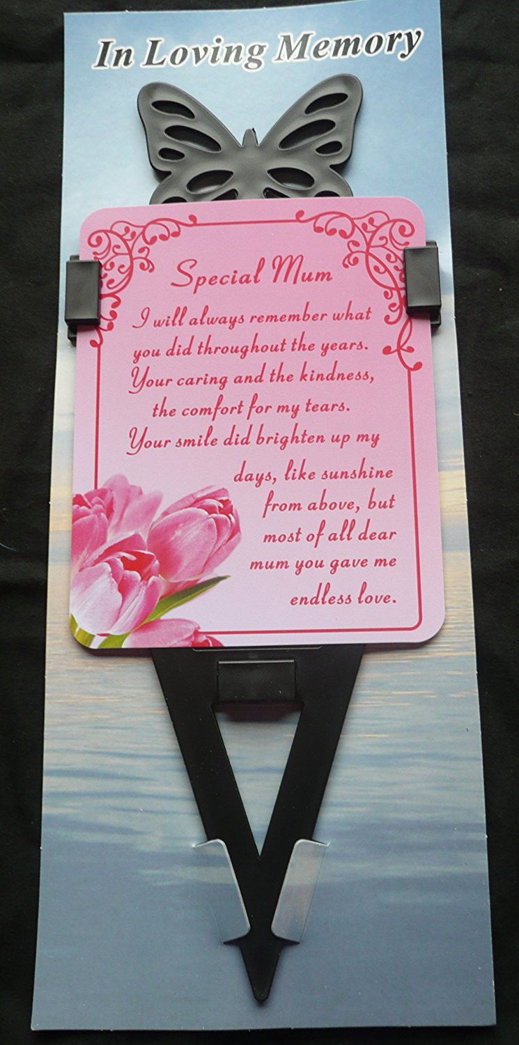 Mum Memorial laminated waterproof card with butterfly spike holder stake - hanrattycraftsgifts.co.uk