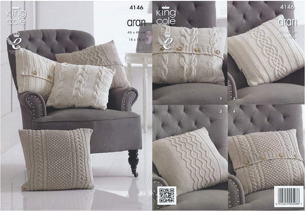 King Cole 4146 Knitting Pattern Cushions to knit in King Cole Big Value Recycled Cotton Aran by King Cole