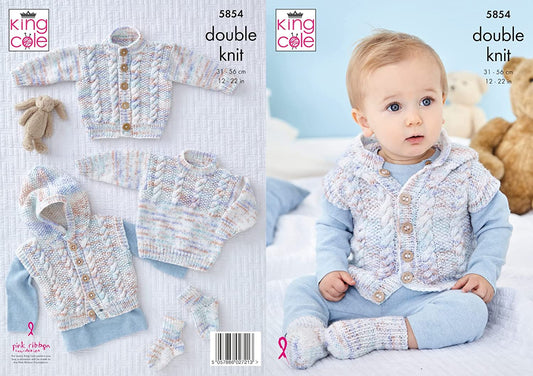 King Cole Baby DK Knitting Pattern Cable Jacket Gilet Sweater & Socks (5854)