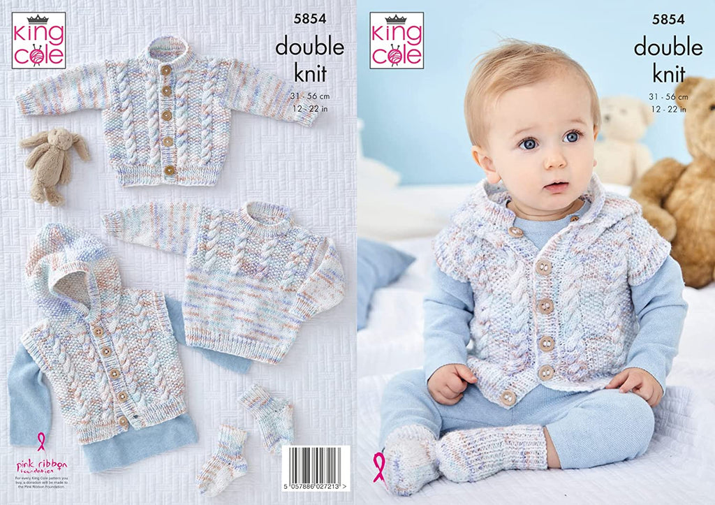 King Cole Baby DK Knitting Pattern Cable Jacket Gilet Sweater & Socks (5854)