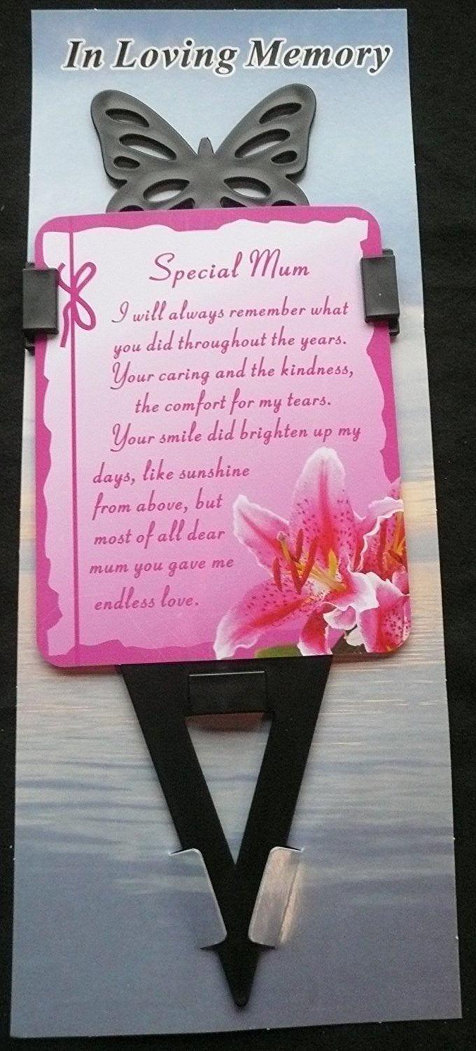 Mum Memorial laminated waterproof card with butterfly spike holder stake - hanrattycraftsgifts.co.uk