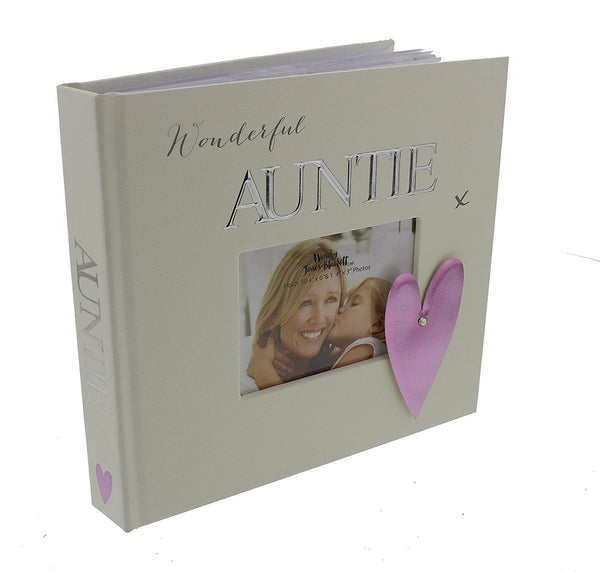 Wonderful Auntie x 4" x 6" 50 page Photo Album - White with Purple Heart - hanrattycraftsgifts.co.uk