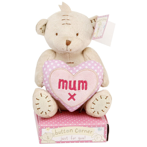 Button Corner Teddy Bear with Dotty Heart - Mum X - hanrattycraftsgifts.co.uk