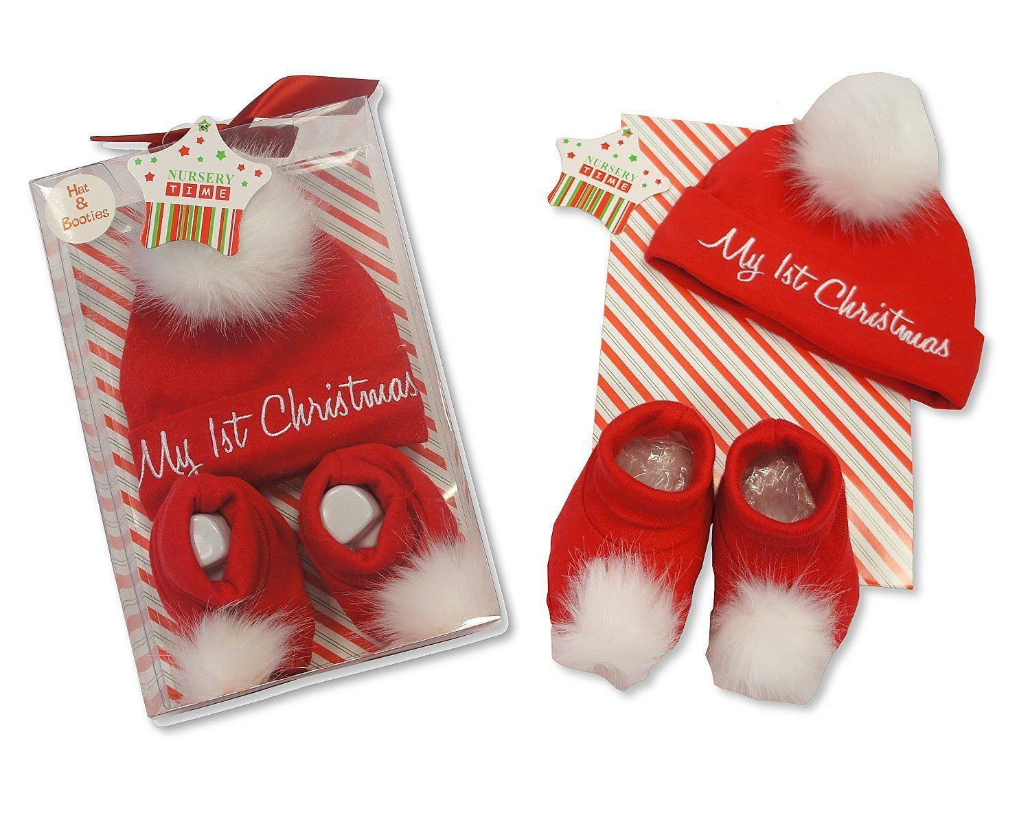 Baby's First Christmas 2 Piece Hat and Booties Set Gift Boxed - hanrattycraftsgifts.co.uk