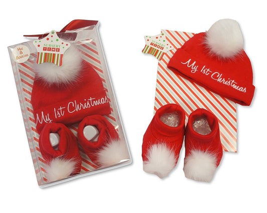 Baby's First Christmas 2 Piece Hat and Booties Set Gift Boxed - hanrattycraftsgifts.co.uk