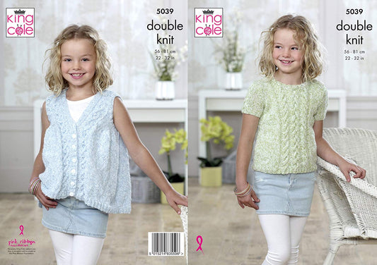 King Cole 5039 Knitting Pattern Girls Top and Waistcoat in King Cole Calypso DK - hanrattycraftsgifts.co.uk