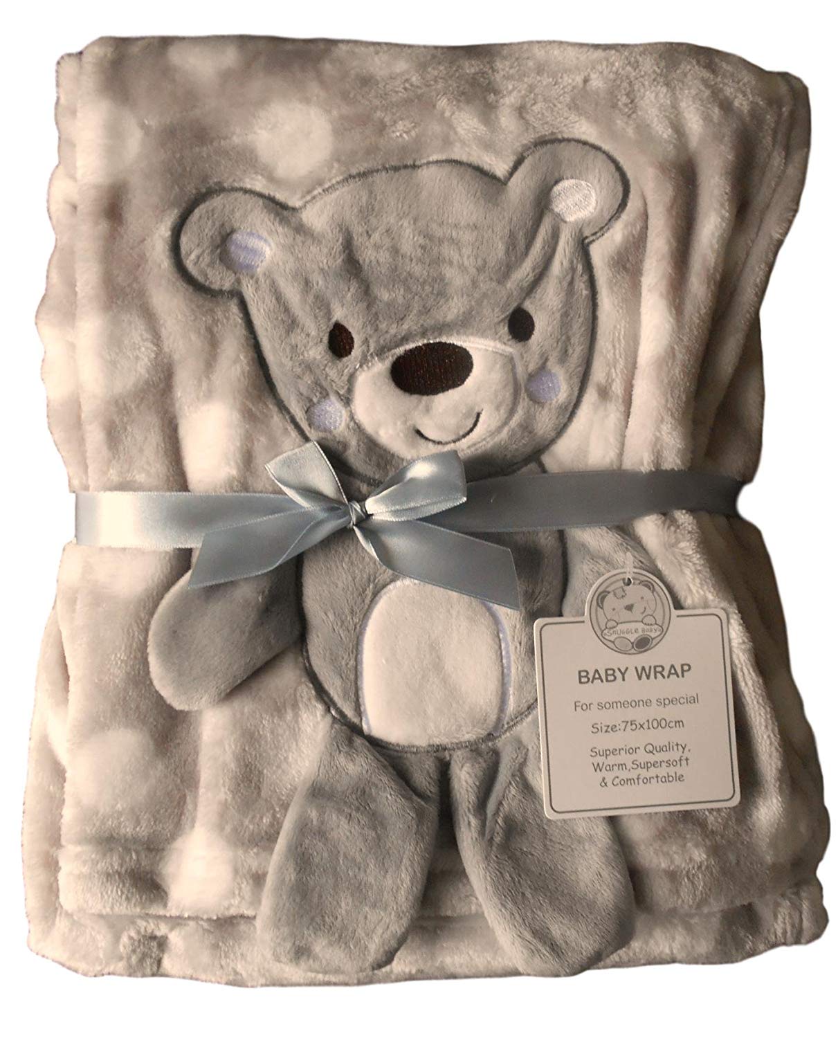 Baby Boys Girls Gorgeous White Spotted with Grey Teddy Bear Embroidered Blanket - hanrattycraftsgifts.co.uk