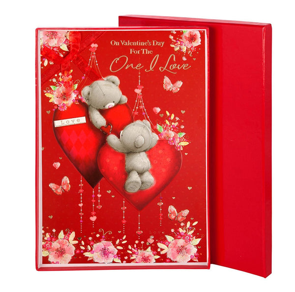 one i love Valentine's Day Card & Red Box - Grey Bears, Hearts & Flowers 10" x 7" - hanrattycraftsgifts.co.uk