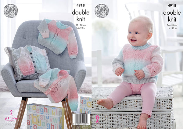King Cole Baby Double Knitting Pattern Lacy Sweater & Long or Short Sleeve Cardigan (4918)