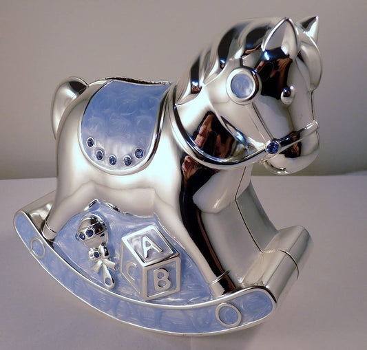 Blue Rocking Horse Money Box - Silver Plated