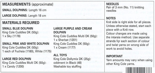 King Cole 9045 Knitting Pattern Toy Dolphins to knit in Cuddles DK - hanrattycraftsgifts.co.uk