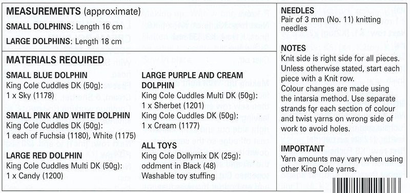 King Cole 9045 Knitting Pattern Toy Dolphins to knit in Cuddles DK - hanrattycraftsgifts.co.uk