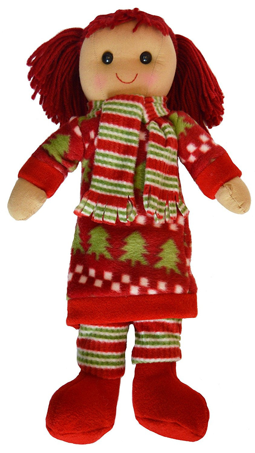 DF, A Beautiful Rag Doll dressed in a Christmas Tree dress and striped scarf, 40 cm h - hanrattycraftsgifts.co.uk