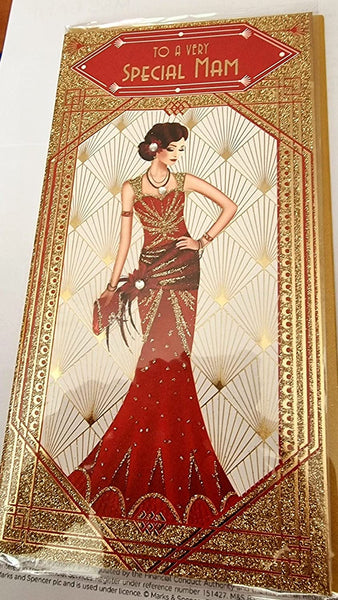 to a very special MAM Christmas Card Art Deco Lady Red Glitter Xmas Card