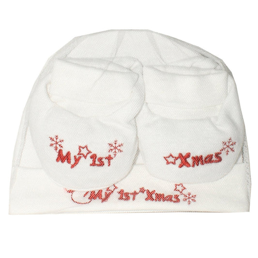 New Born Babys My 1st Xmas Hat & Bootee 2 Piece Set In a Bag - hanrattycraftsgifts.co.uk