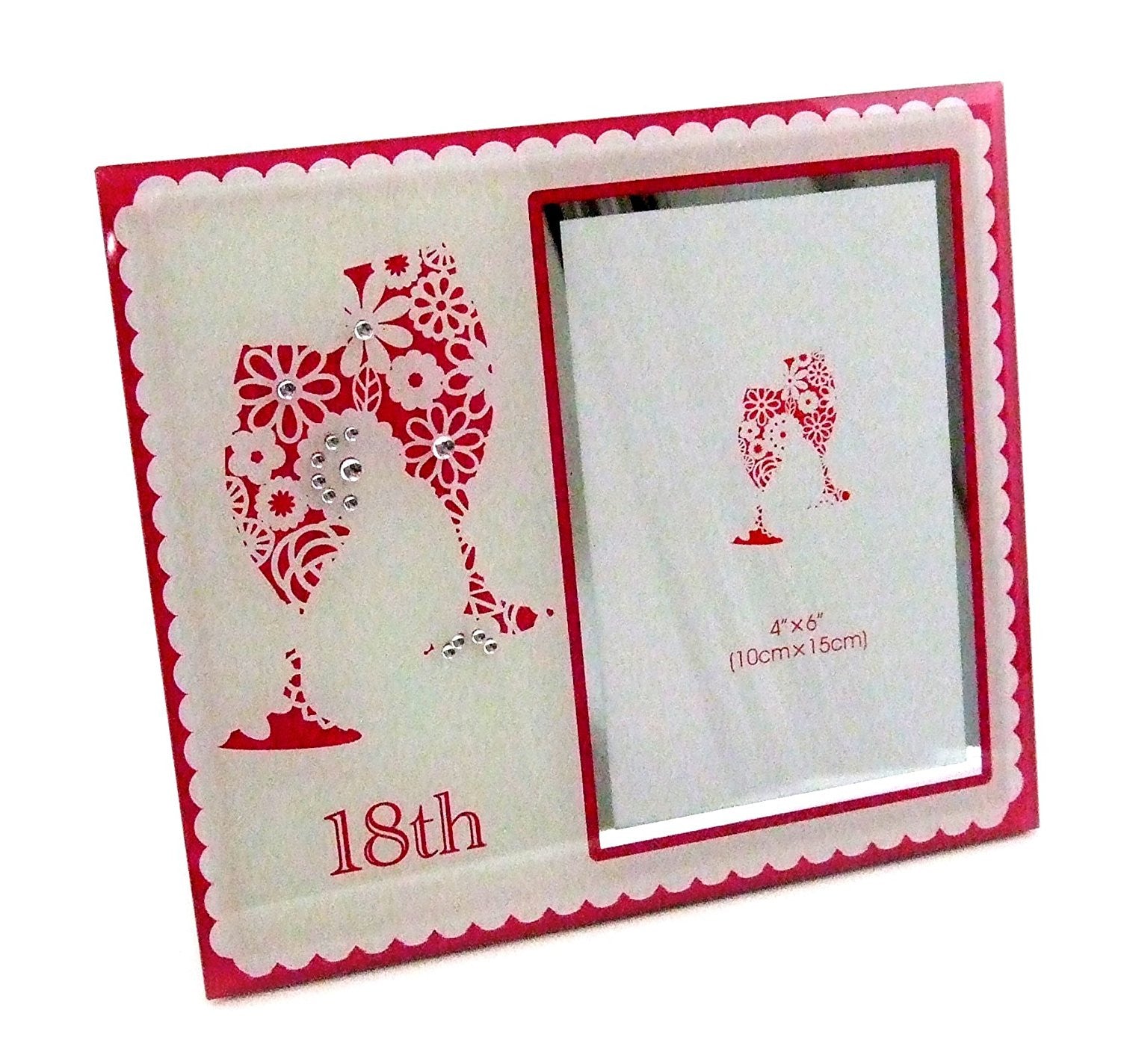 18th Birthday Pink & White Champagne Flute 4" x 6" Photo Frame With Clear Diamante Crystals - hanrattycraftsgifts.co.uk