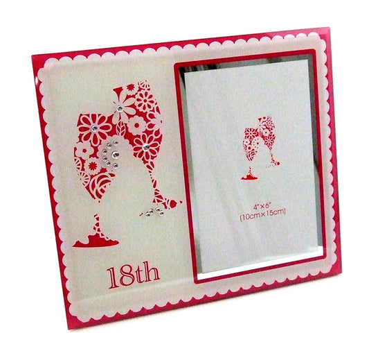 18th Birthday Pink & White Champagne Flute 4" x 6" Photo Frame With Clear Diamante Crystals - hanrattycraftsgifts.co.uk