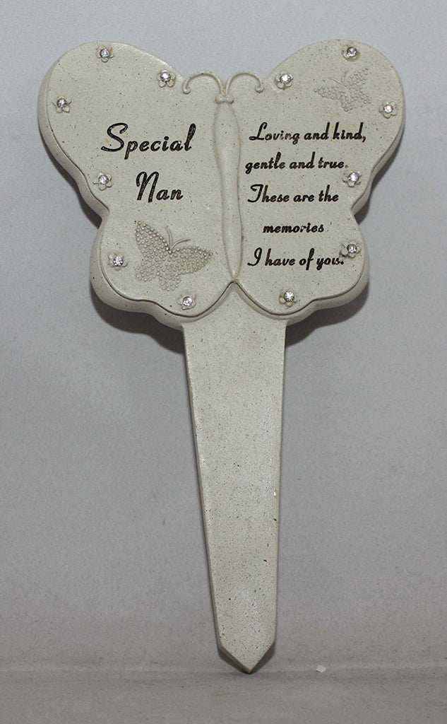 Nan Diamante Memorial Butterfly Stake Garden Stone Plaque Grave Ornament pushes in ground - hanrattycraftsgifts.co.uk