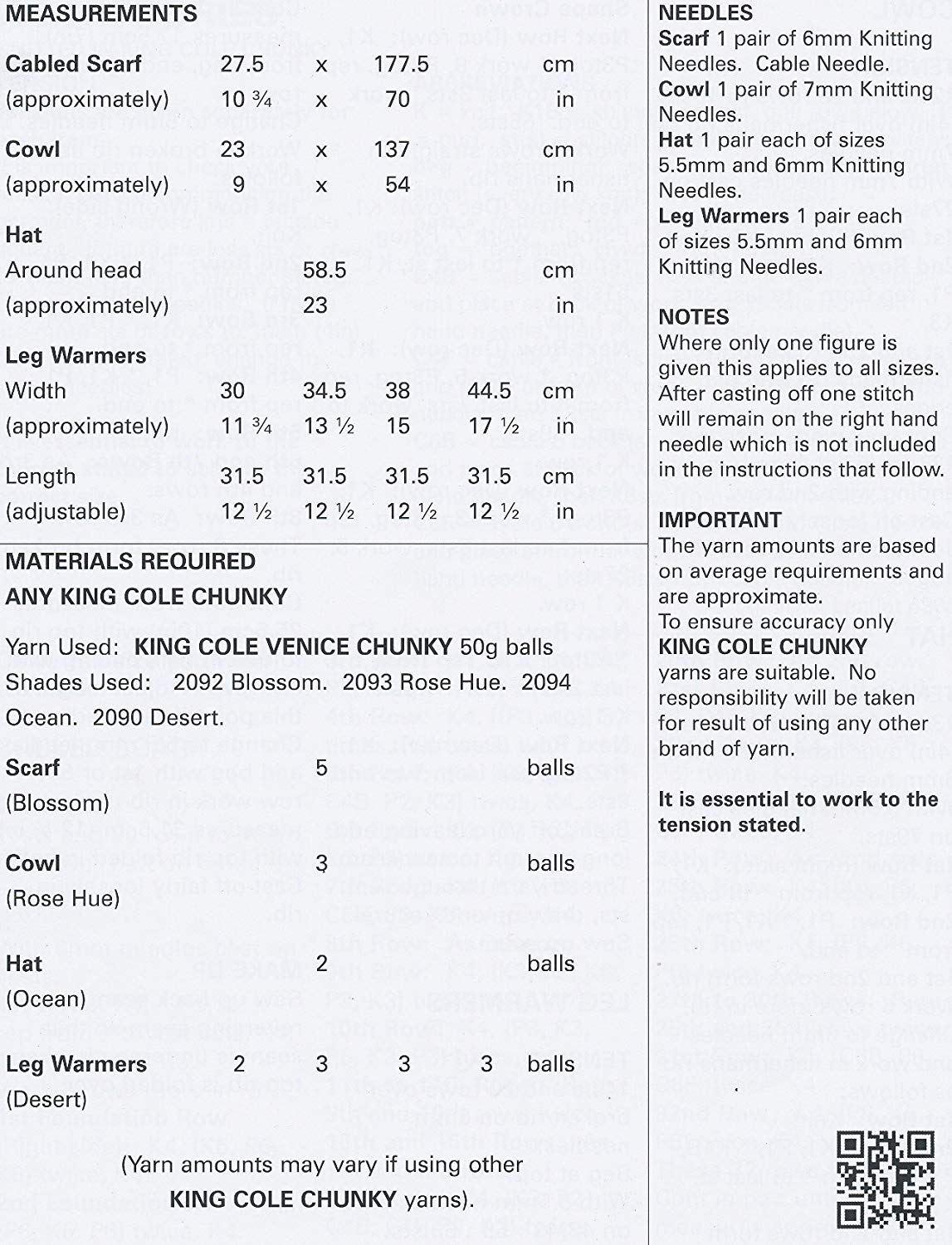 King Cole 4308 Knitting Pattern Leaflet Scarf, Cowl, Hat and Leg Warmers to knit in Venice Chunky - hanrattycraftsgifts.co.uk