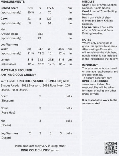 King Cole 4308 Knitting Pattern Leaflet Scarf, Cowl, Hat and Leg Warmers to knit in Venice Chunky - hanrattycraftsgifts.co.uk
