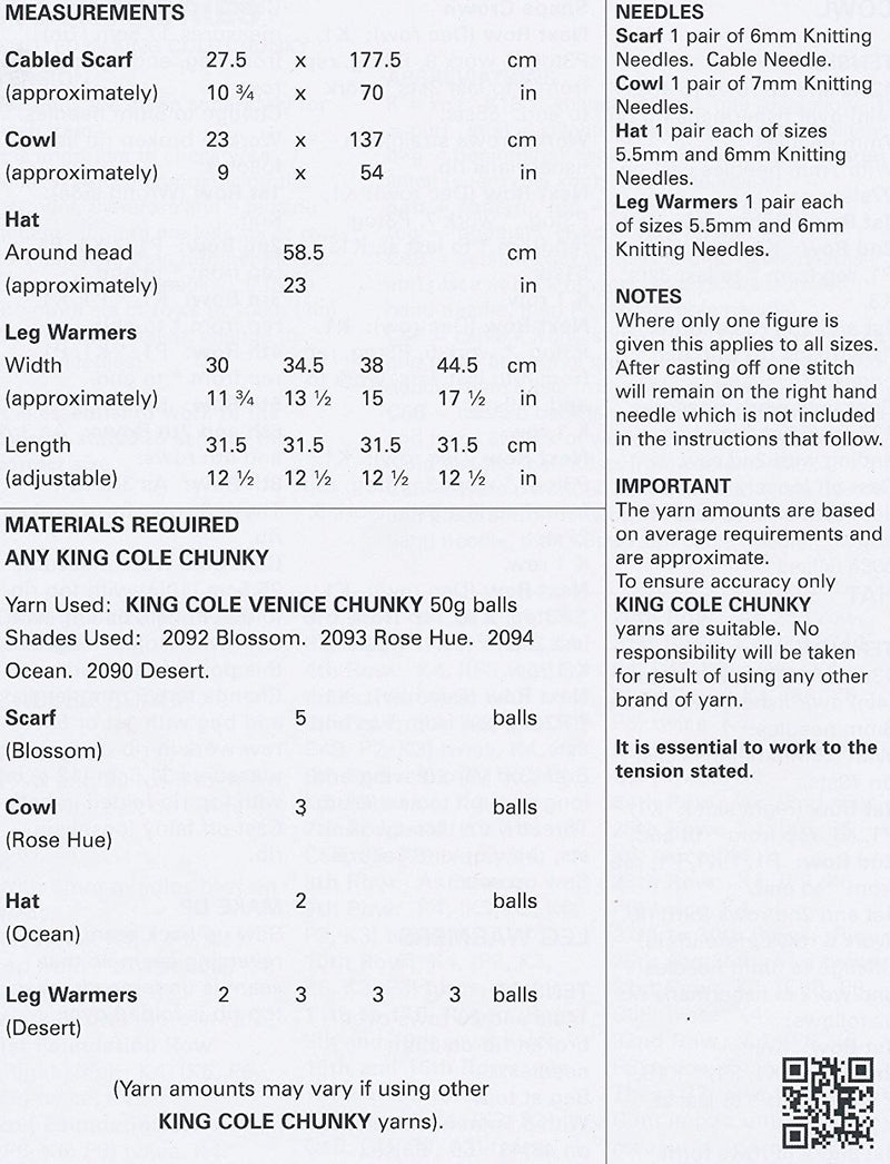 King Cole 4308 Knitting Pattern Leaflet Scarf, Cowl, Hat and Leg Warmers to knit in Venice Chunky - hanrattycraftsgifts.co.uk