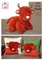 King Cole 9089 Knitting Pattern Highland Cow Toy & Cushion Covers in King Cole Tinsel Chunky - hanrattycraftsgifts.co.uk