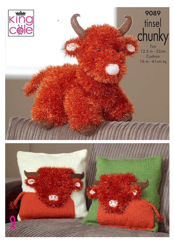 King Cole 9089 Knitting Pattern Highland Cow Toy & Cushion Covers in King Cole Tinsel Chunky - hanrattycraftsgifts.co.uk