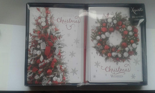 Box of 16 Christmas Cards Wreath & Tree - 8 of Each Design