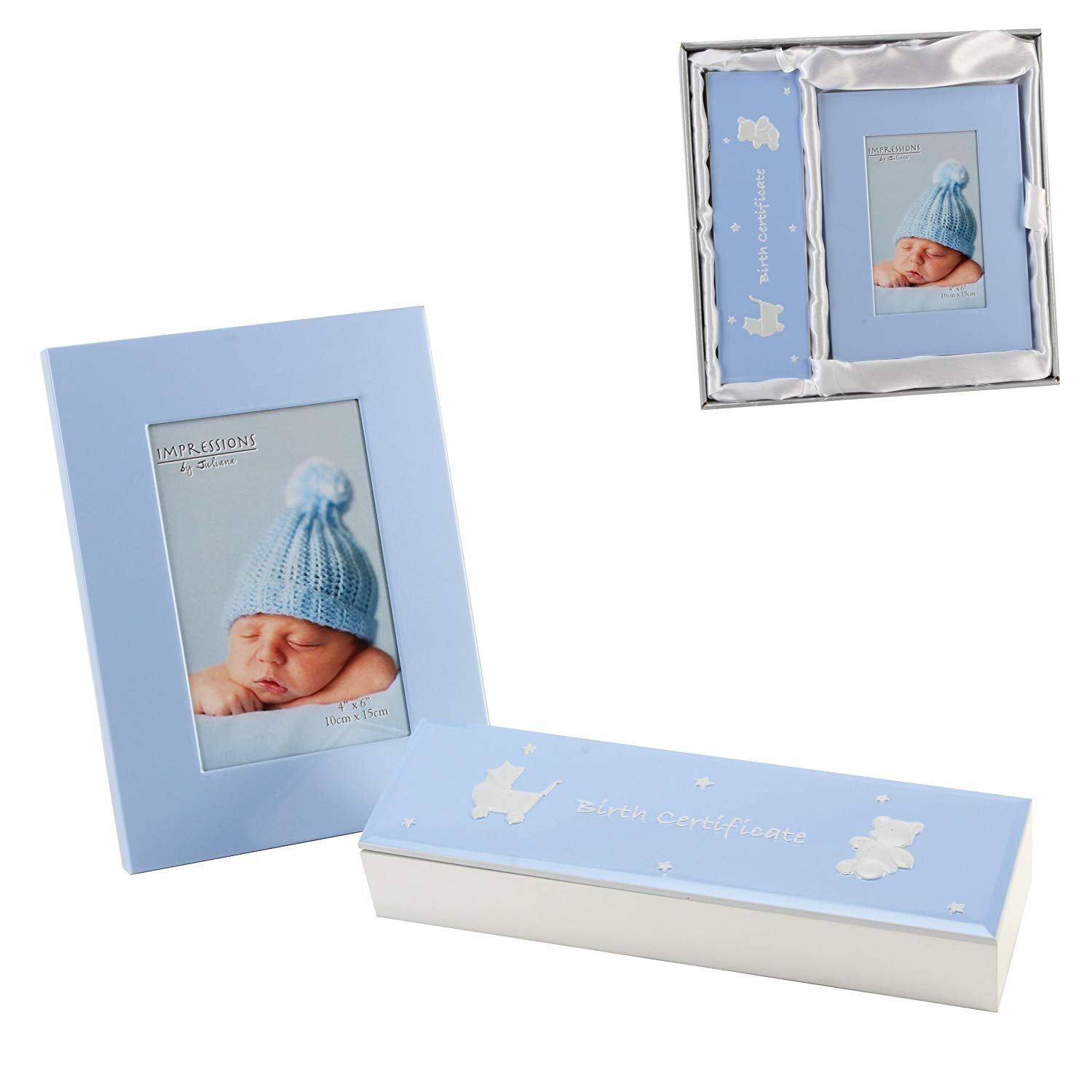 Baby Boy Birth Certificate Box & Photo Picture Frame Blue Christening Gift Set - hanrattycraftsgifts.co.uk