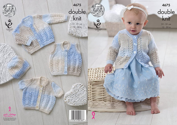 King Cole Baby DK Double Knitting Pattern Lacy Long or Short Sleeve Cardigans Waistcoat & Hat (4675)