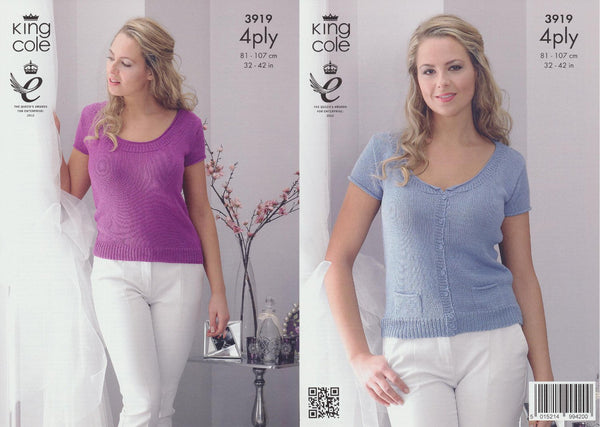 King Cole 4 Ply Pattern - 3919 Womens Short Sleeved Summer Cardigan and Top by King Cole - King Cole Patterns - hanrattycraftsgifts.co.uk