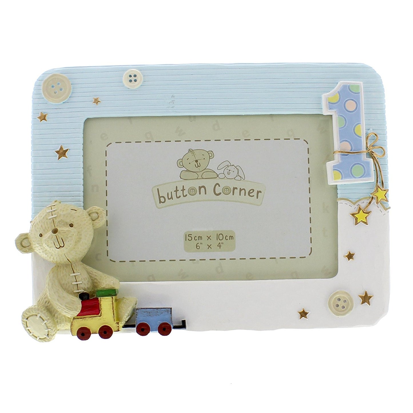 Button Corner 1st Birthday Blue Resin Photo Frame - Baby Boy frame with teddy - hanrattycraftsgifts.co.uk