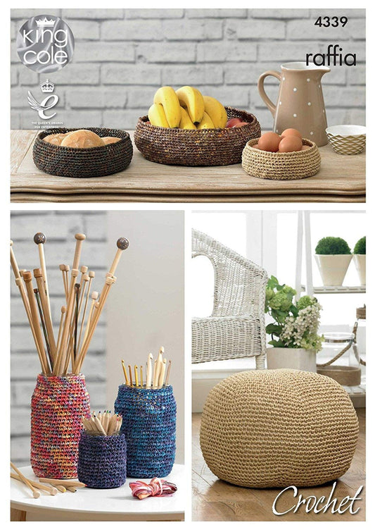 King Cole Home Storage Bowls, Jar Covers and Pouffe Crochet Pattern 4339 - hanrattycraftsgifts.co.uk