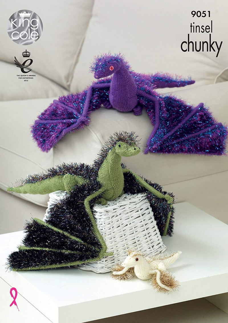 King Cole 9051 Knitting Pattern Toy Dragons in Tinsel Chunky and Pricewise DK - hanrattycraftsgifts.co.uk