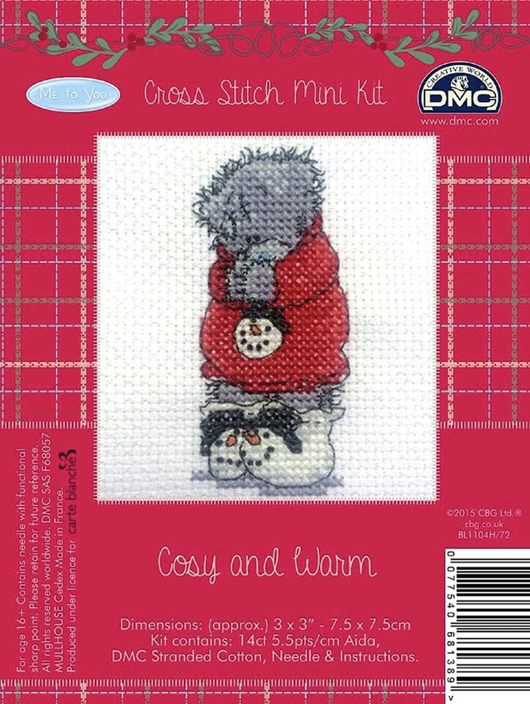 DMC Me to You Christmas Tatty Teddy Cross Stitch Mini Kit - Cosy and Warm - hanrattycraftsgifts.co.uk