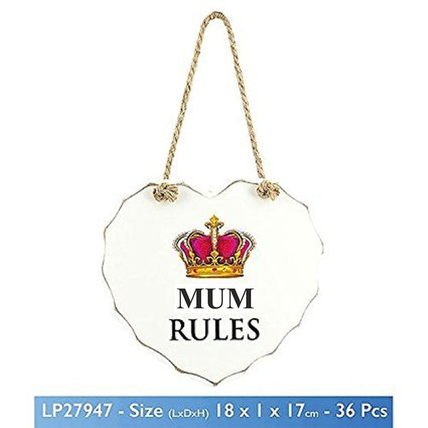 White "MUM RULES" Crown Design Love Heart Shaped Sentimental Hanging Plaque - hanrattycraftsgifts.co.uk
