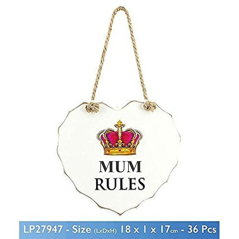 White "MUM RULES" Crown Design Love Heart Shaped Sentimental Hanging Plaque - hanrattycraftsgifts.co.uk