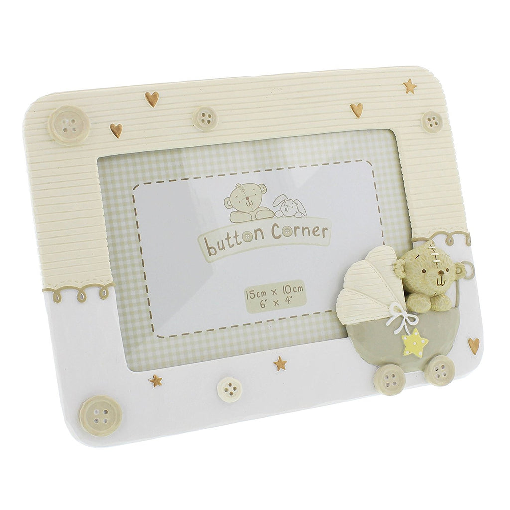 Button Corner Resin 4" x 6" Photo Frame with teddy in a pram design - hanrattycraftsgifts.co.uk