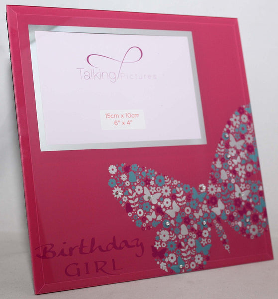 Birthday Girl Pink Glass & Butterfly 6" x 4" Photo Picture Frame - hanrattycraftsgifts.co.uk