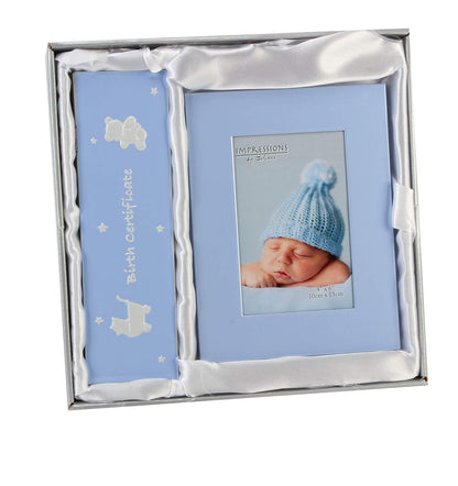 Baby Boy Birth Certificate Box & Photo Picture Frame Blue Christening Gift Set - hanrattycraftsgifts.co.uk