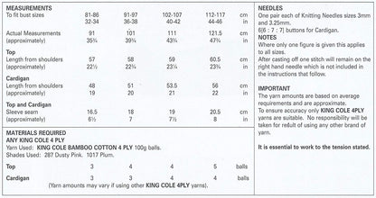 King Cole 4482 Knitting Pattern Ladies Top and Cardigan in Bamboo Cotton 4ply - hanrattycraftsgifts.co.uk