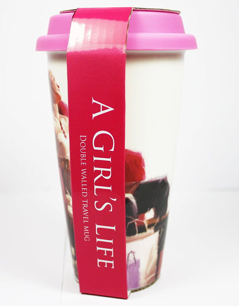 [LP32741] On Sale, Reduced to Clear - 'A Girl's Life' Double Walled Insulation With Silicon Travel Mug, Shopping, Bags etc Design, Make a Great Gift for Mum, Sister, Aunty, Niece, Gran, Keeps Drinks Hot, Ideal For Use On The Move, 6.5 inches/17cm in - hanrattycraftsgifts.co.uk