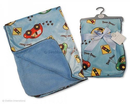 Mink Baby Blanket/Wrap With Decorative Car: 75 x 100 cm - bw-112-908 - hanrattycraftsgifts.co.uk