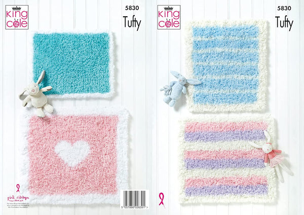 King Cole Tufty Knitting Pattern Baby Plain Striped or Heart Blanket (5830)
