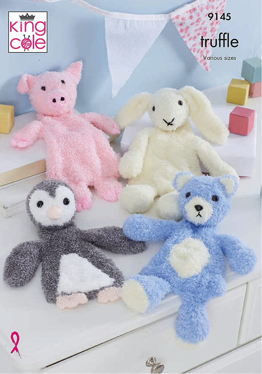 King Cole 9145 Knitting Pattern Animal Flat Snuggle Toys in Truffle