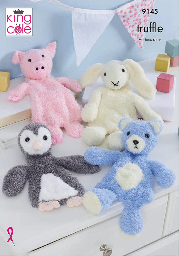 King Cole 9145 Knitting Pattern Animal Flat Snuggle Toys in Truffle