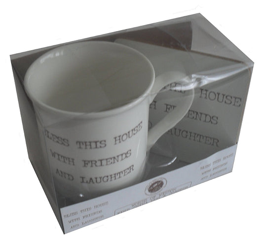 Word Of Wisdom Mug & Coaster Boxed Set - Bless This House With Friends And Laughter - hanrattycraftsgifts.co.uk