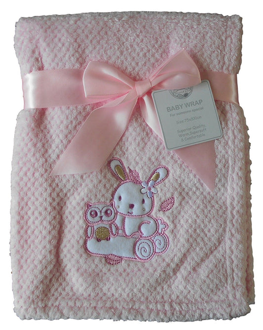 Baby Girls Cute Pink Bunny Rabbit & Owl Blanket Wrap 100cm x 75cm approx - hanrattycraftsgifts.co.uk